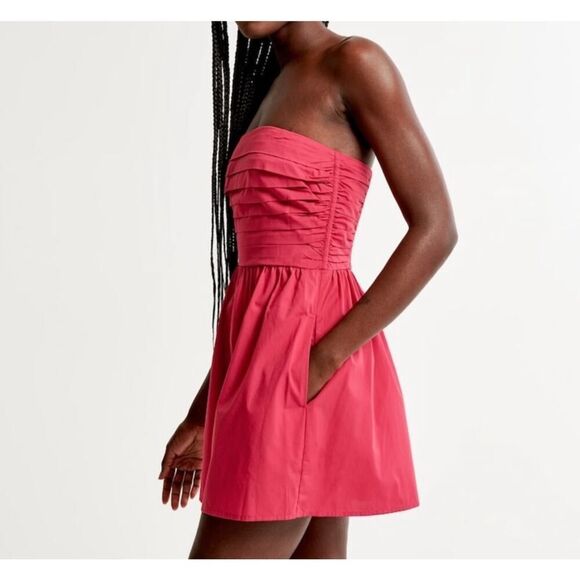 Abercrombie & Fitch Emerson Pink Ruched Strapless Romper Women's Small Tall - Picture 2 of 16